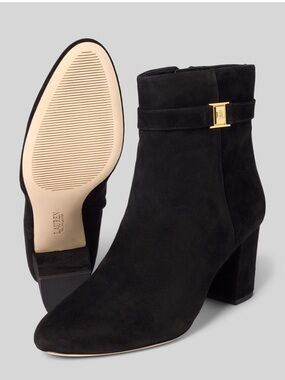 Lauren Ralph Lauren Black Suede Ankle Booties with Gold Accent